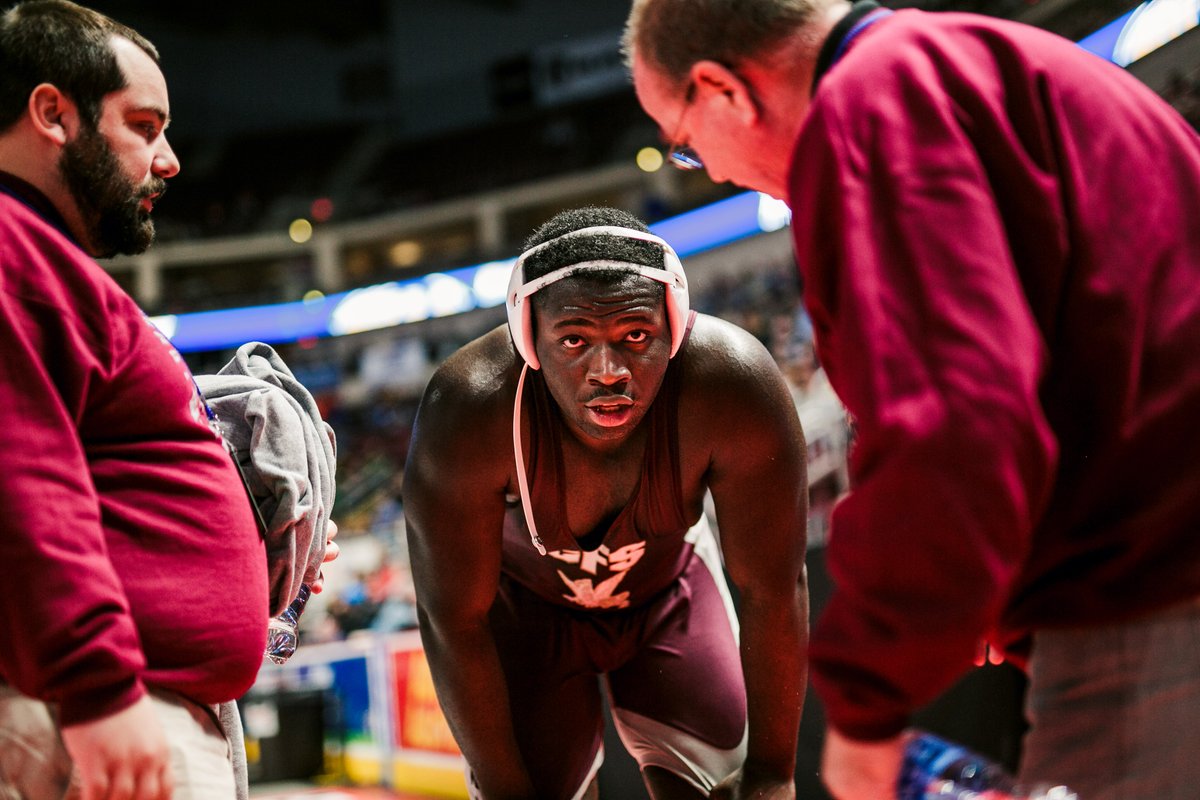 Church Farm's Emmanuel Lawal is the 1st area state medalist w/ a 4-2 win in the 2A 285-lb quarters over Southern Columbia's Lear Quinton. Lawal is the first Griffin to reach state semis, which begin tonight at 730. He faces Meyersdale's Jalen Stephens, who beat Lawal 4-2 last yr.