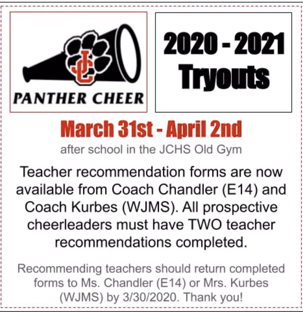 JCCHSCompCheer's tweet photo. Teacher rec forms now available! Looking forward to tryouts! https://t.co/uGxIrLPoDS