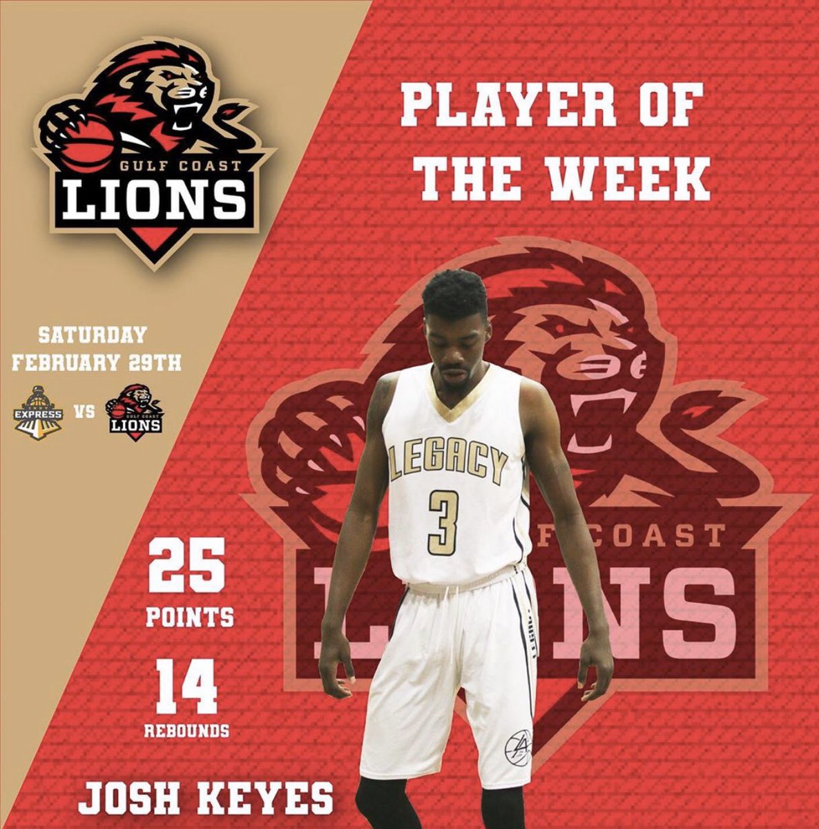 With 25 points and 14 rebounds, Josh Keyes is our #playeroftheweek!! 🏀🥇 #gulfcoastlions