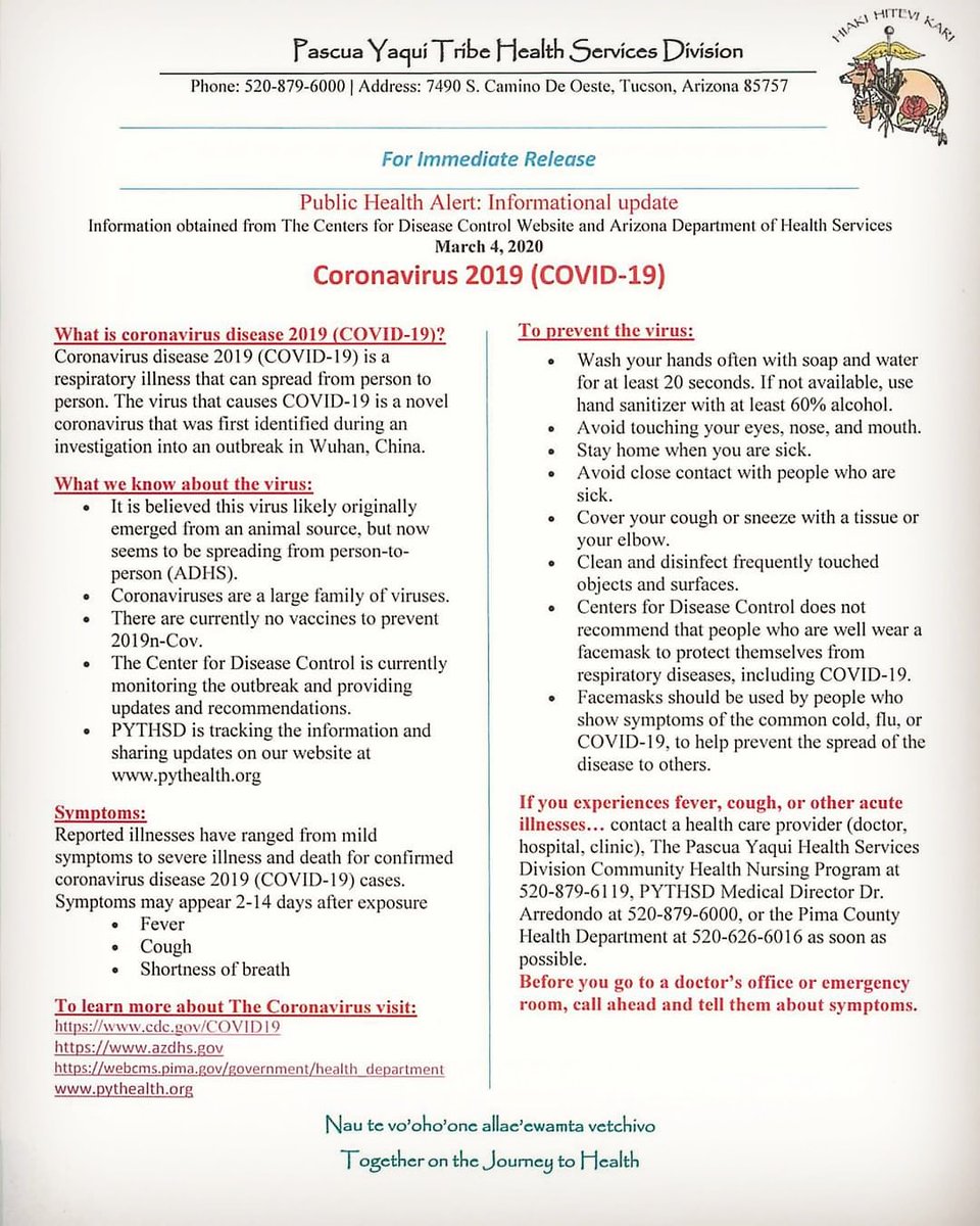 yaqui_u's tweet photo. During this time, the Pascua Yaqui Health Division would like to familiarize the community as well as address how to stay healthy and informed. https://t.co/Aj6wnBhYrN
