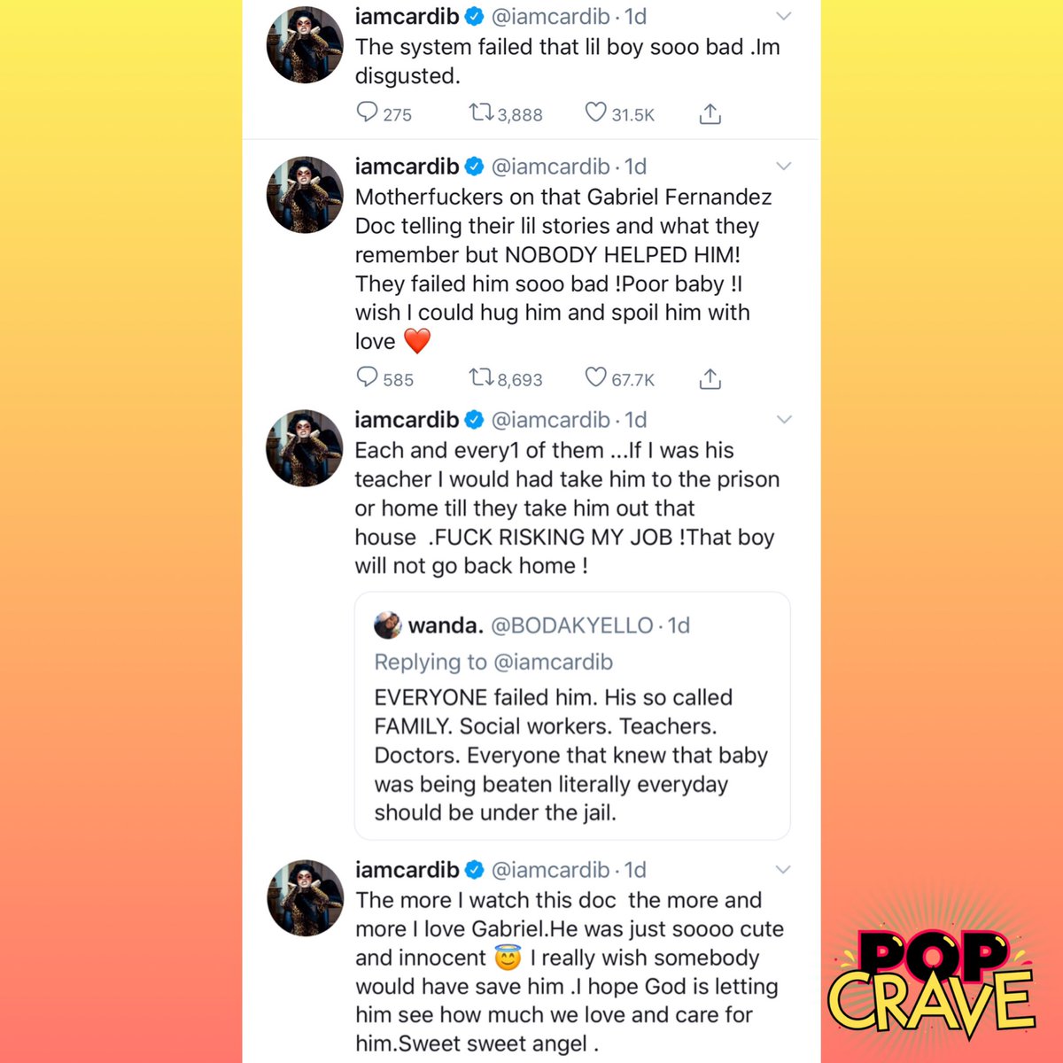 Pop Crave Pa Twitter Iamcardib Expresses Her Heartbreak After Watching The Netflix Documentary About The Tragic Murder Of Gabriel Fernandez T Co Onpas7ii9f