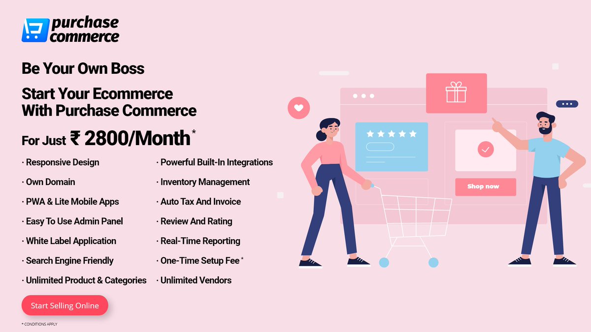 PurchaseCommerc's tweet image. Promotional OFFER!! 
PurchaseCommerce is helping you to start an eCommerce platform to sell your products online at ease with just ₹ 2800/Month. 
Give a try for your dream, start registering today. 
To know more about Call/Whatsapp : +91 95851-52888 
purchasecommerce.com
