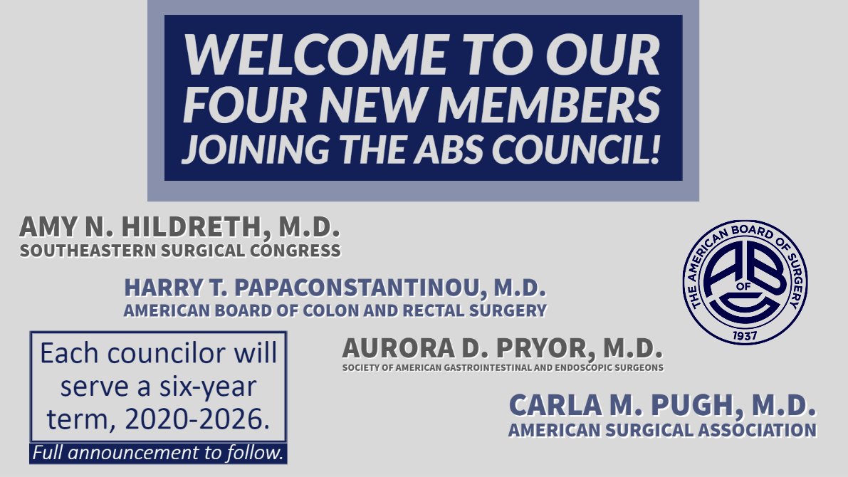 AmBdSurg's tweet photo. Please join us as we welcome four new members to the ABS Council! Each councilor will serve a six-year term, and will be assigned to both a specialty board and a Council Committee @SESC_AmSurg @SAGES_Updates #AmericanSurgical #ABCRS https://t.co/s0a2ektvKW