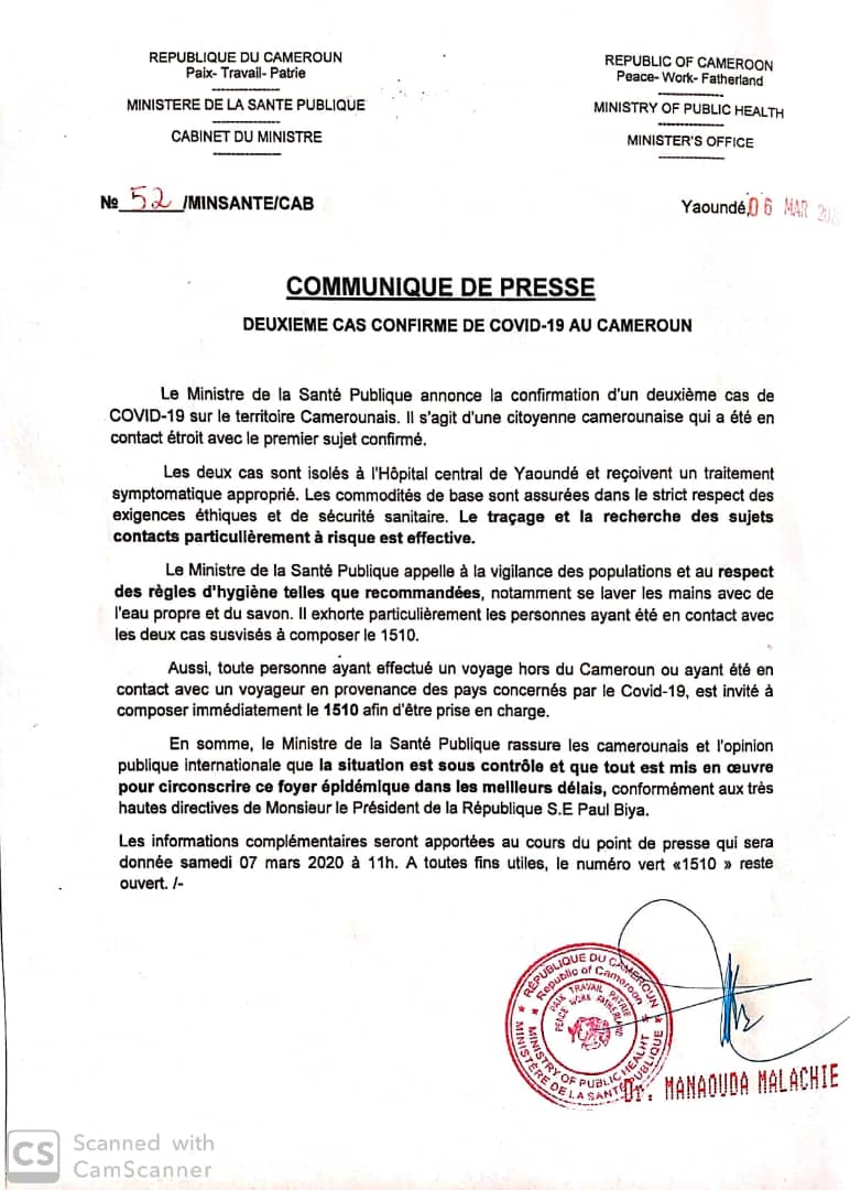 CRTV_web's tweet image. Un 2e cas confirmé de #coronavirus  au #Cameroun