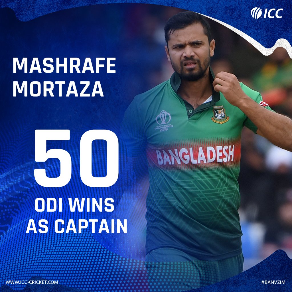 ICC's tweet photo. Bangladesh win by 123 runs!

Mashrafe Mortaza's reign as ODI captain ends with his 50th win 🎉 

#BANvZIM https://t.co/cVBKPk9YUG