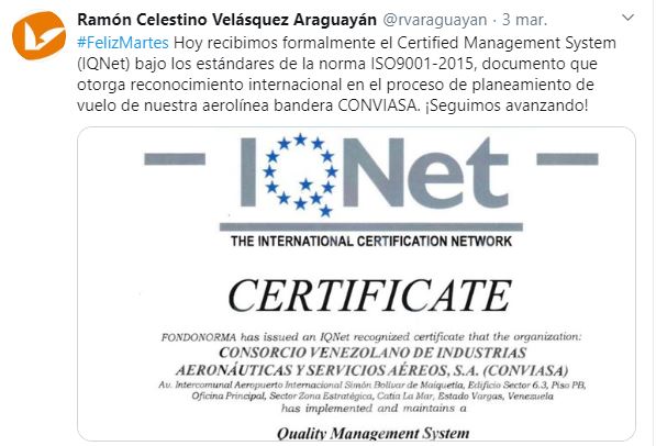 #Noticia || La aerolínea venezolana <a href="/LAConviasa/">conviasa_ve</a>, recibió Certified Management System’ certificado que la acredita, bajo norma de calidad internacional, en el proceso de planeamiento de vuelo.
bit.ly/2TtsuW5