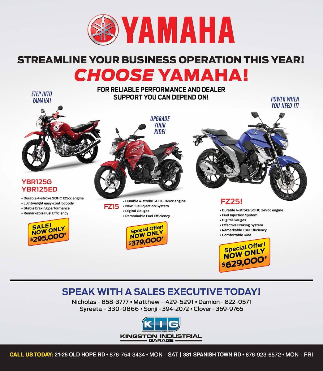 KIGarage's tweet photo. Time is Money! Invest in the Best Bike for Business!

Give us a call to learn more about our Yamaha Sale Offer! 876.923.6572 | 876.754.3434 or email sales@kigjamaica.com

#kigsaledays #kigjamaica #Yamaha https://t.co/tSZaYGmyHt