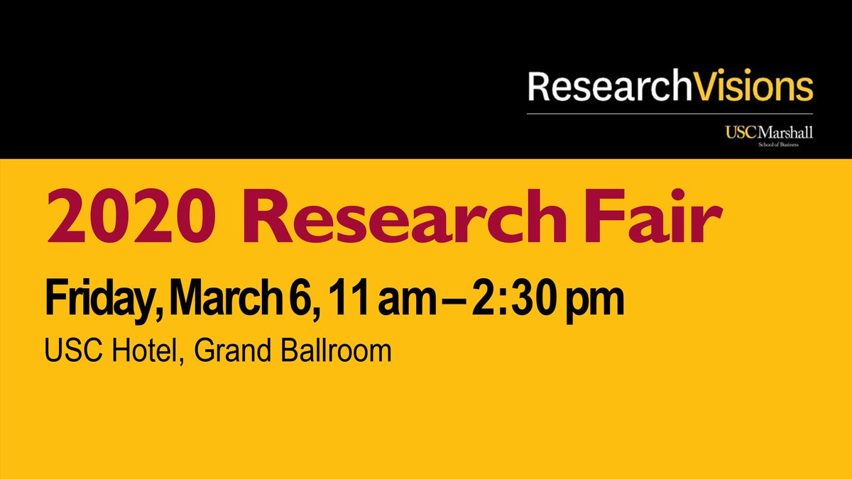 USCMarshall's tweet photo. Later this morning, join @USCMarshall for the livestream of "Research Visions," our annual event highlighting faculty #research. https://t.co/3IS4SQ8SdD #GreatnessShared https://t.co/r3dgr98acJ