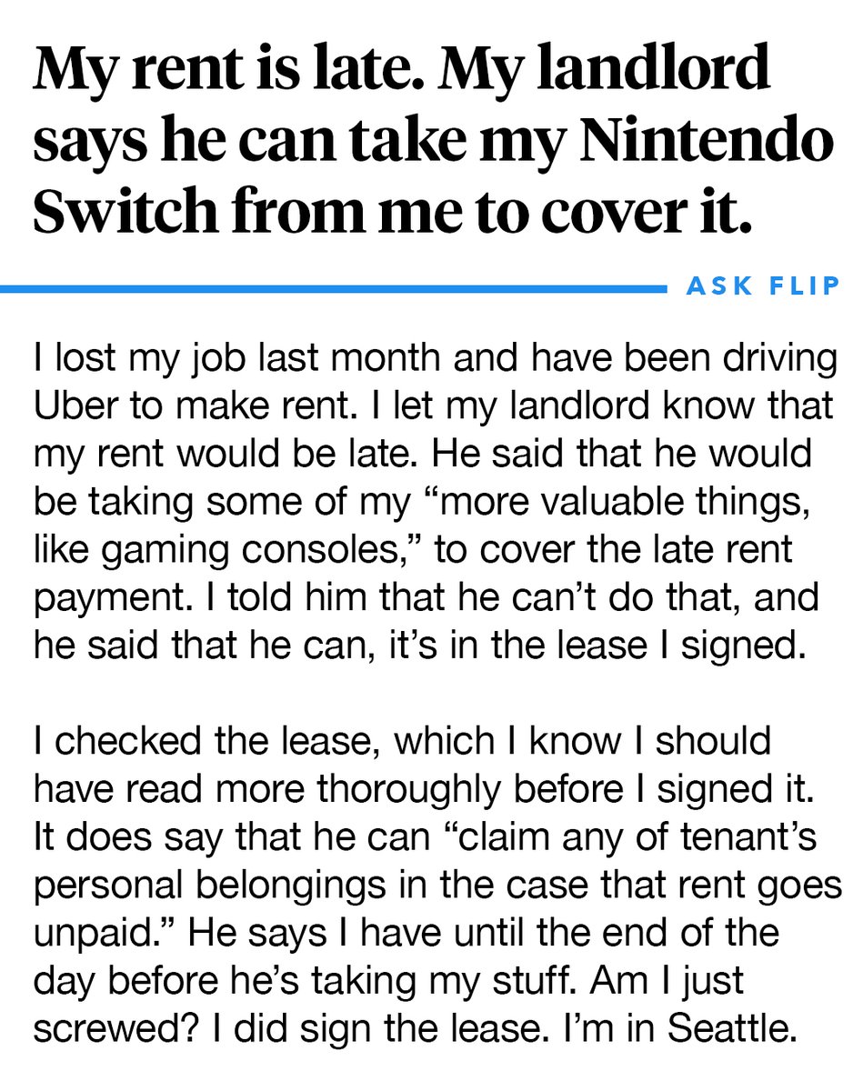 caretakerlabs's tweet photo. "I signed a lease that says my landlord can take my valuables if I don't pay rent on time. Am I screwed?" #AskFlip https://t.co/aDoZPJXmUN