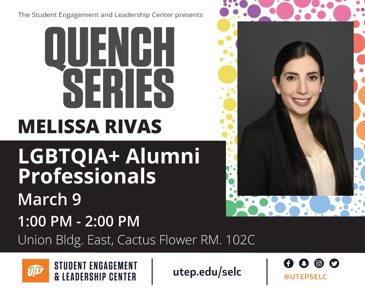 utepgetinvolved's tweet photo. Next Monday we will have our next Quench series! Join us and learn how you can become an ally! #UTEPEvents #QuenchSeries https://t.co/JBJy9Eych5