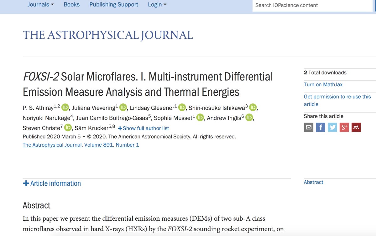 athray's tweet photo. Wohoo! Our @foxsirocket3 paper is published! #GOFOXSI
FOXSI-2 Solar Microflares. I. Multi-instrument Differential Emission Measure Analysis and Thermal Energies https://t.co/oZiV7XW5QR via @IOPscience https://t.co/la0YeYqlm9