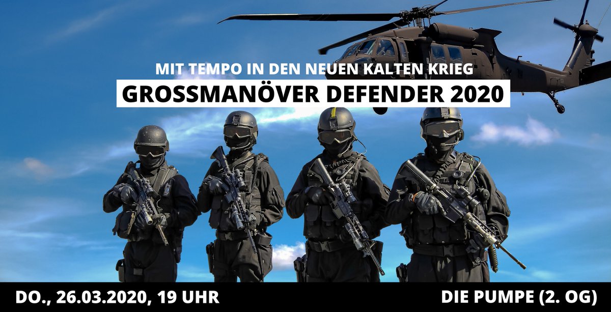 attackiel's tweet photo. Kommt alle am Donnerstag, 26.03.2020 um 19 Uhr in "die Pumpe" (2. OG) zu Vortrag &amp; Diskussion "Großmanöver Defender 2020: Mit Tempo in den neuen Kalten Krieg" m. Jürgen Wagner (IMI e.V. = Informationsstelle Militarisierung) #stopwar #nowar #frieden #peace #endlesswar #kiel https://t.co/9HimnfKkwF