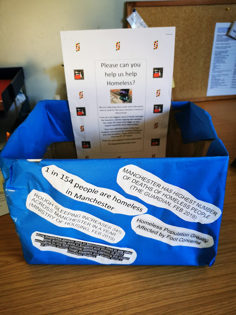 DawnMacroArt's tweet photo. Please help the homeless in Manchester by giving socks &amp; underpants clean good quality new/warn, collection box in hospital main reception. Thanks the Internship @crisdawsonlive1 @StockportNHS @CheadleCollege @weare_pure @JenBeresfd https://t.co/X2IyVTmRFH