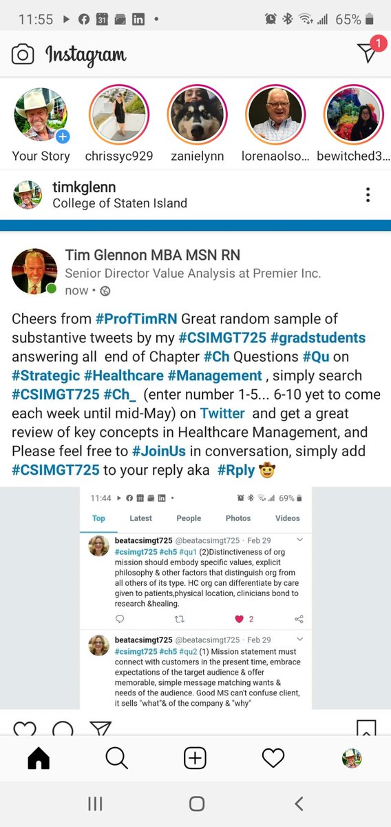 csimgt725's tweet image. Cheers from #ProfTimRN Great random sample of substantive tweets by my #CSIMGT725 #gradstudents answr all  end of Chpter #Ch Questns #Qu on #Strategic #Healthcare #Management , simply search #CSIMGT725  #Ch_  (enter number 1-5, 6-10 yet to come #HowTo Use #SocialMediaInClassroom