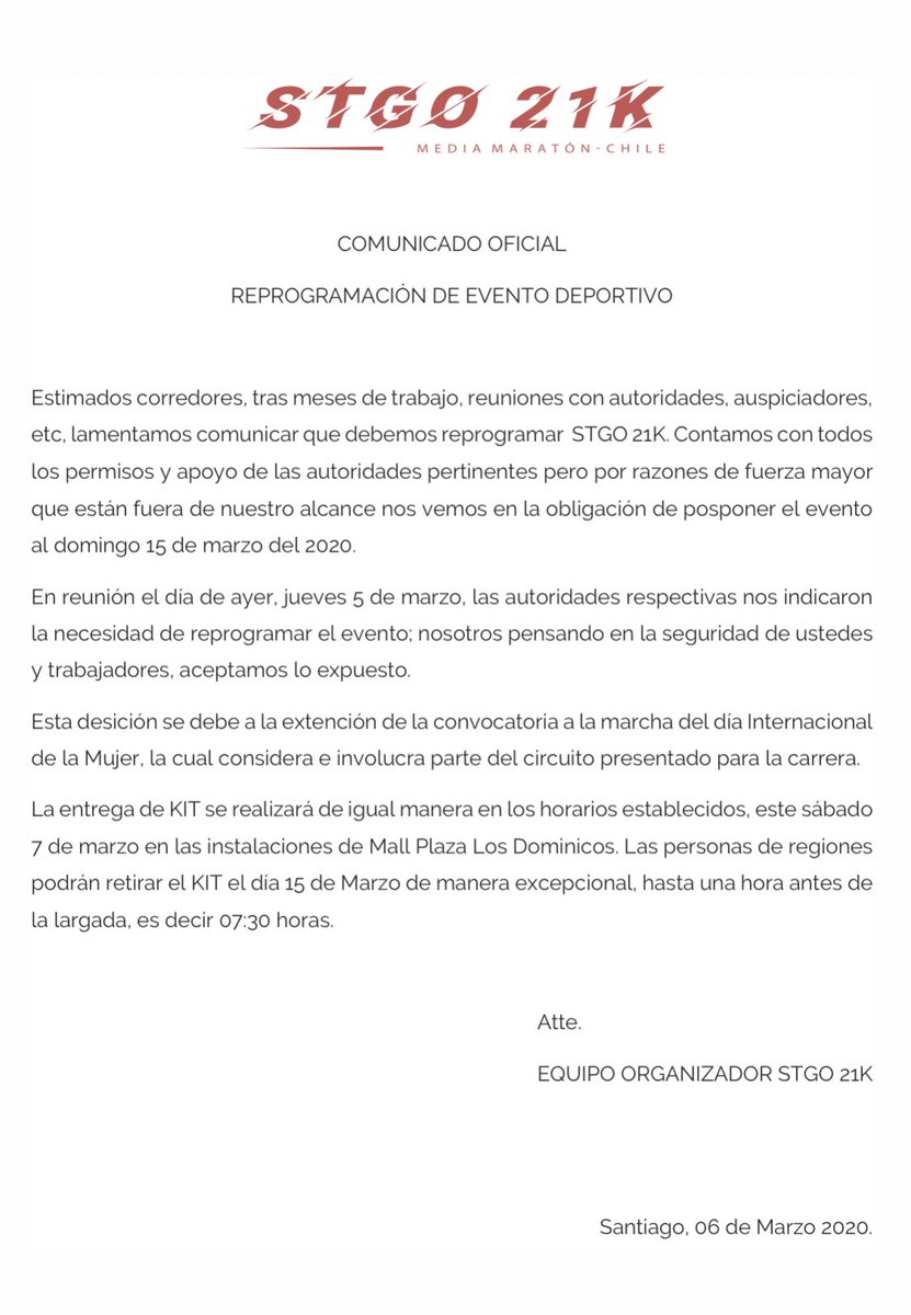 Se reprograma <a href="/stgo21k/">Stgo21K</a>  para el día domingo 15 de marzo 🏃‍♀️🏃🏃‍♂️