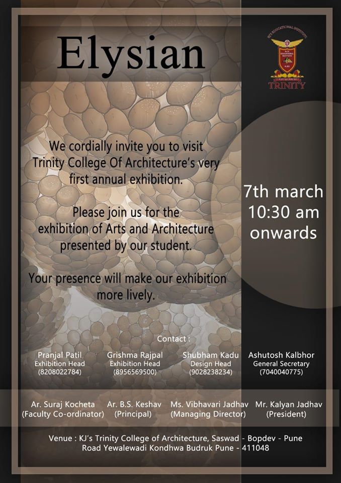 CoaTrinity's tweet photo. "Elysian"
Annual Exhibition of Students Work 
Unleashing Soon.....

#TCOA #architecture 
@CouncilofArchi1 @DrRPNishank @HRDMinistry https://t.co/qxp8J7vHZ5