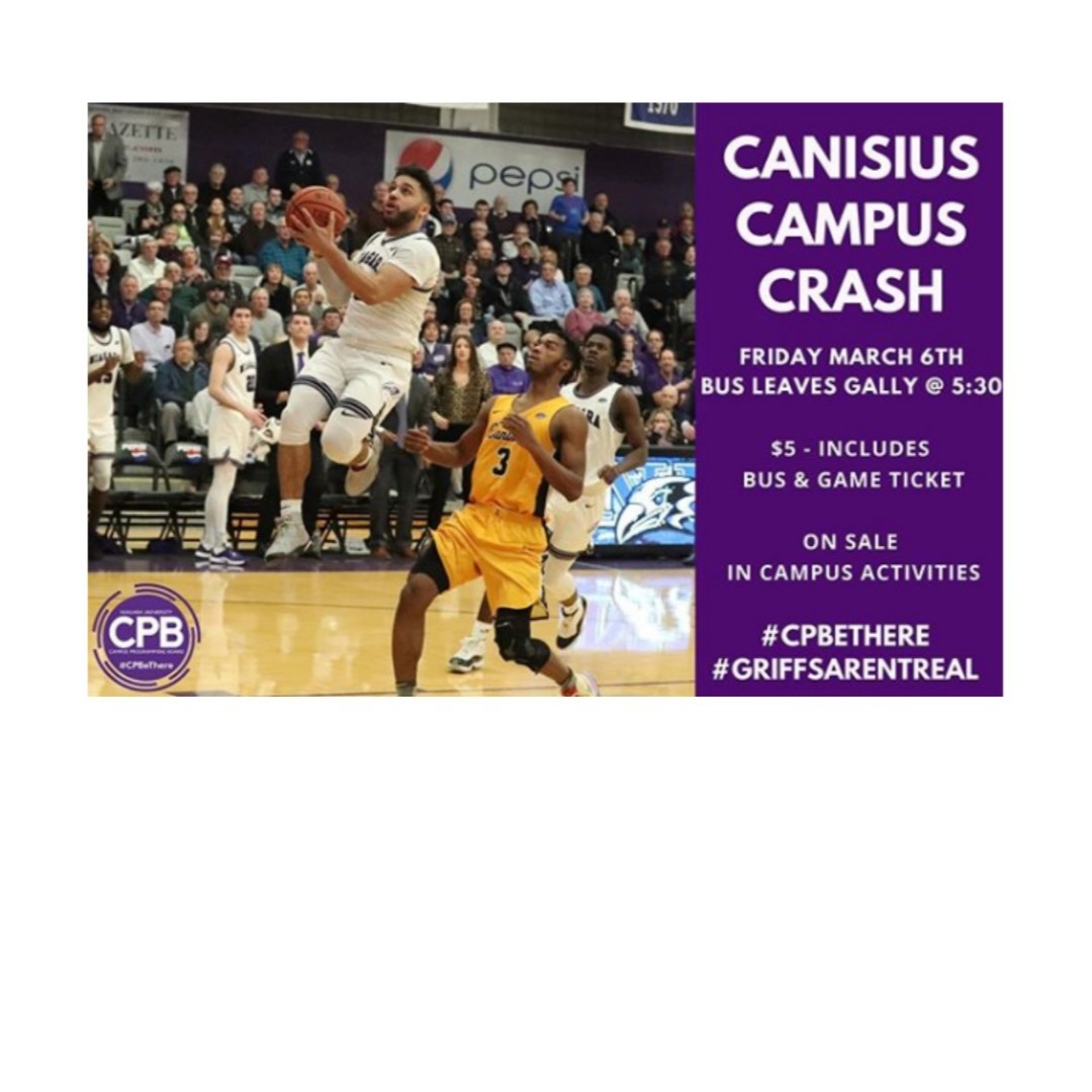 NUOnTheRidge's tweet photo. Canisus Campus Crash is tonight March 6th for those who purchased tickets! Bus leaves Gally at 5:30pm See you there#griffsarentreal https://t.co/QOSlYKvw02