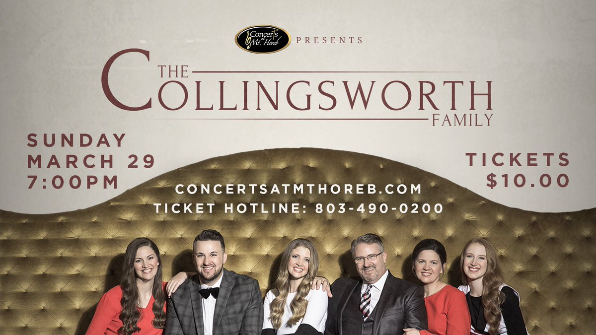 MtHorebChurchSC's tweet photo. Our next concert on March 29th is with The Collingsworth Family! It's going to be a fun, worshipful time with a family full of talent and love for Jesus. Don't miss it!

Tickets available at: https://t.co/9WV8Qxzfep https://t.co/HCO84xv33B