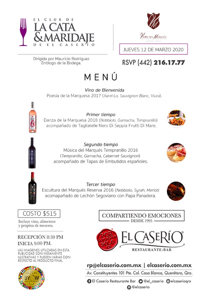pr�ximo jueves 12 de marzo a la "Cata Maridaje VINOS DEL MARQUES" Quer�taro.#vinosdelmarques #vi�edosqueretanos #vinoqueretano #consumelocal #elcaserio #porsupuestosoloenelcaserio #queretaro conta.cc/3ctwCwK