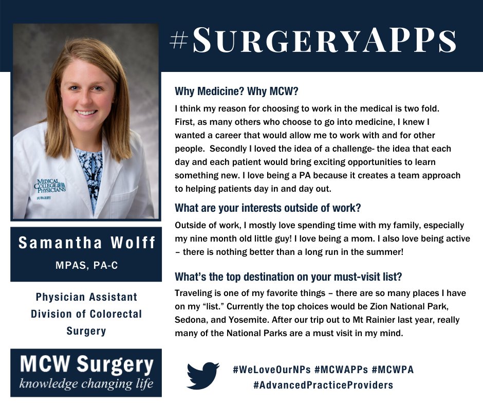 MCWSurgery's tweet photo. March is #ColorectalCancerAwarenessMonth, so naturally we're featuring Samantha Wolff for #SurgeryAPPs day! Sam is a physicians assistant in the Division of Colorectal Surgery. She loves to travel and wants to visit as many National Parks as possible! 🌎✈
#MCWAPPs
#SurgeryPA https://t.co/6CvLgv8dUS