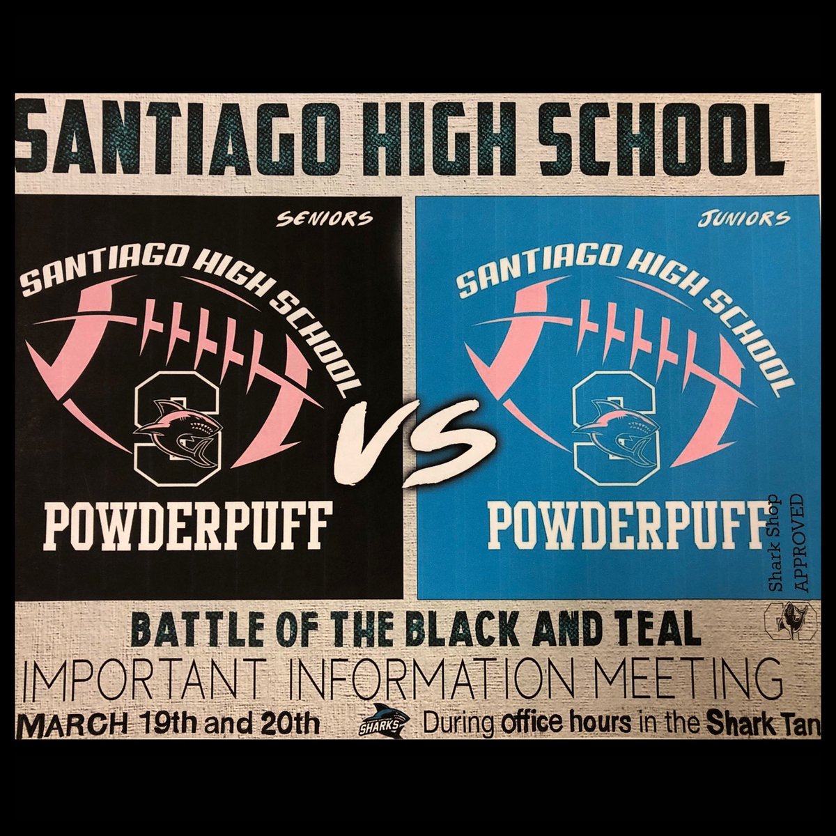 Who’s ready for Powder Puff football?!? Any senior or junior interested in playing in or coaching this years game?? Come to the MANDATORY information meeting in the Shark Tank 3/19&amp;20 during Office Hours! 🖤💙🏈