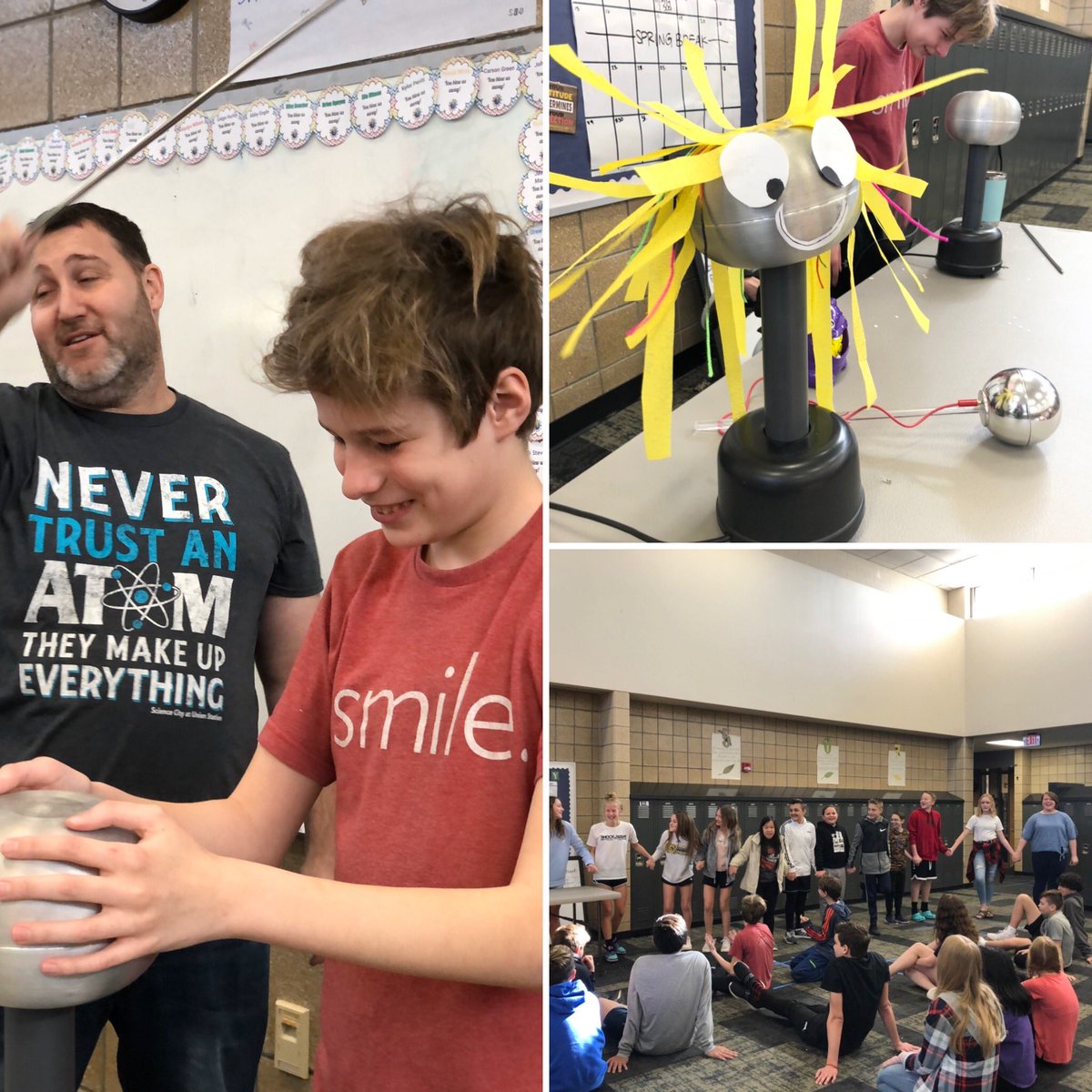 Robynlv's tweet photo. Exploring static electric fields and having a shockingly good time π³ #SeventhGradeScience @ACMS_Jaguars #ExlectricFields https://t.co/0Czlnb49Ci