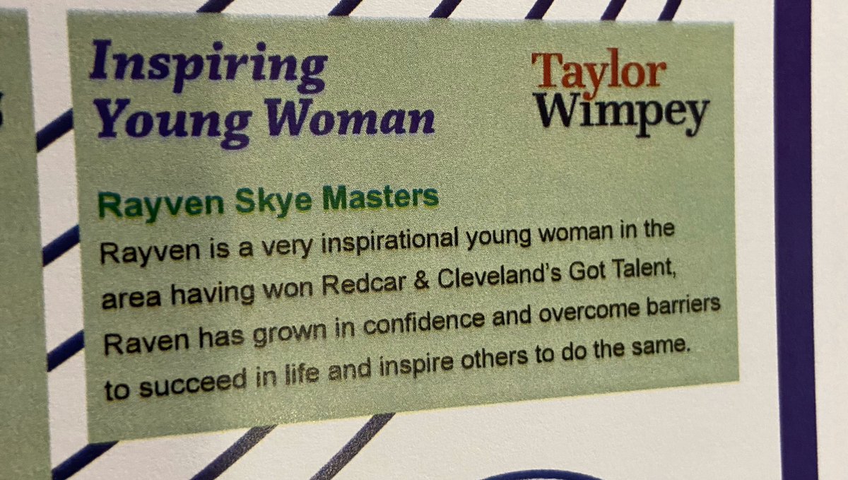 RedcarCleveland's tweet photo. The winner of the Inspiring Young Woman Award, sponsored by @TaylorWimpey is Rayven Skye Masters who is also performing at the ceremony today. #IWD2020 https://t.co/l042PiM0bU