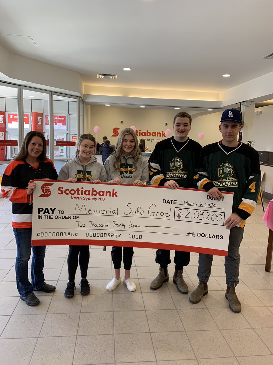 pamtastic13's tweet photo. A big THANKYOU is going out to North Sydney @scotiabank from @school_memorial GRADS of 2020! We greatly appreciate all your efforts in volunteering for our Marauders Alumni Hockey Game in support of MHS Safe Grad! 🏒🥅💚💛@CBVRCE_NS @studentgovMCHS @MemorialHockey https://t.co/eDRJfB4gBR