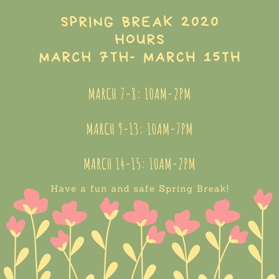 IDEASCenterUTA's tweet image. Happy Spring Break!! 
Please see our adjusted hours for March 7th-March 15th. Normal hours will resume March 16th.
Our staff wishes you a safe and fun break!