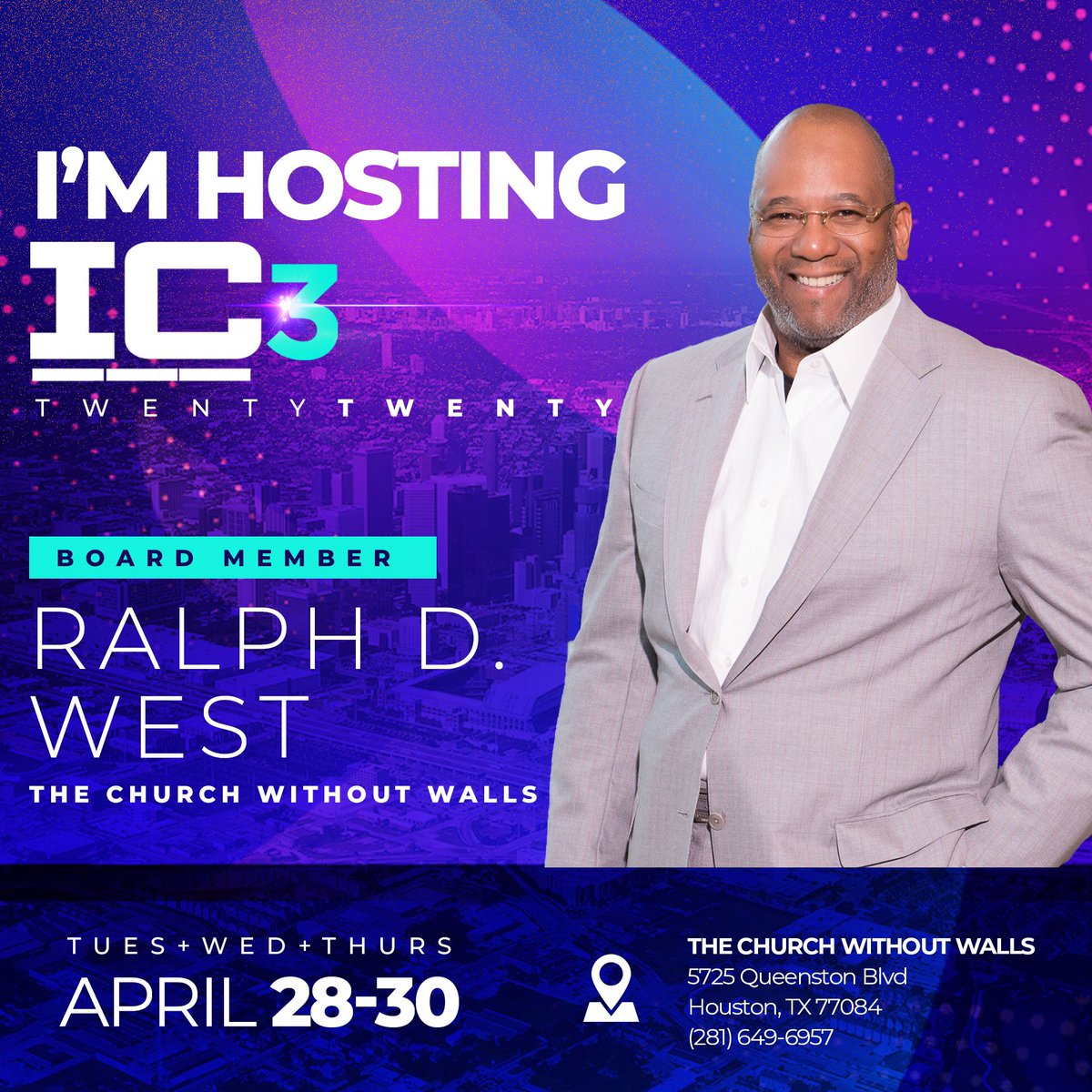 rdwic3's tweet photo. IC3 Conference Founder @ralphdwest @TCWWHouston

Dr. West will preach the Opening Night Worship Service &amp; deliver a special session for Pastors.

Register Today!
https://t.co/GWpJseTpCj
April 27 RDW Golf Classic ⛳️
April 28-30 Conference
#rdwic3 #IC32020 #GoingBackToFixTheFuture https://t.co/QO5F7PFgIH