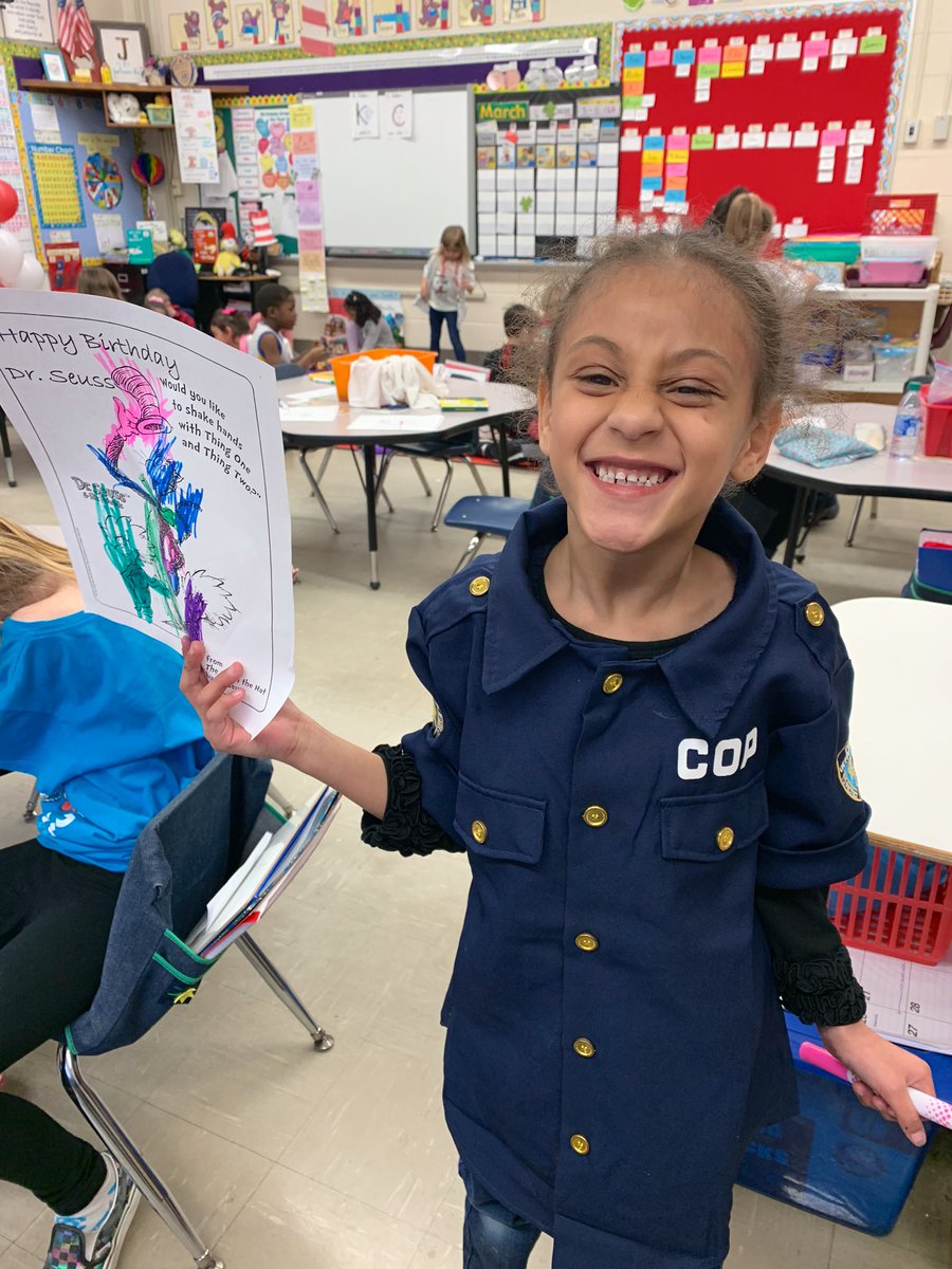 BuckeyeElem's tweet photo. I felt extra safe covering indoor recess (on a Friday 😳)in kindergarten today...thanks to the help of this future police officer 👮♀️ #DrSeussWeek #FutureProfessions https://t.co/KOw3EW8QHq