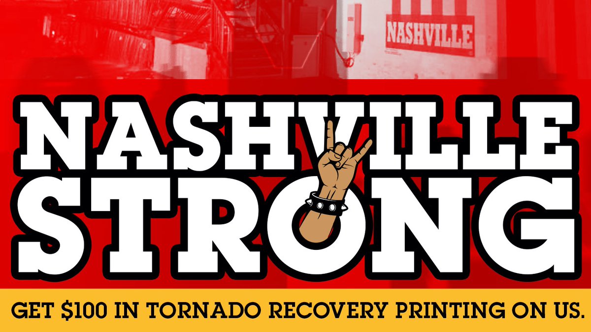 jiveprint's tweet photo. In times of crisis, you use what you have. We have power. We have people. We have presses. For our neighbors in need, we're offering up to $100 in free printing for anyone affected by the tornado, through March. Hit us up for details! #NashvilleStrong #nashvilletornado https://t.co/G55H6rDIMI