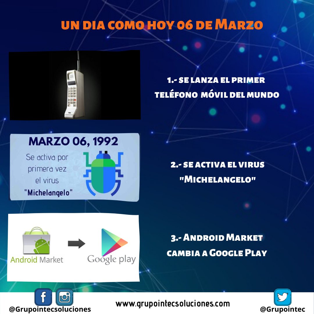 GrupoIntec's tweet photo. #Sabías que un día como hoy ocurrieron hechos #tecnológicos, como en 1983 Se lanza el #Motorola #Dynatac8000x El primer #teléfono móvil del mundo – en 1992 Se activa por primera vez el #virus "Michelangelo - en 2012 #Google renombra #AndroidMarket como #GooglePlay. #efemérides https://t.co/qa2EzbDan7