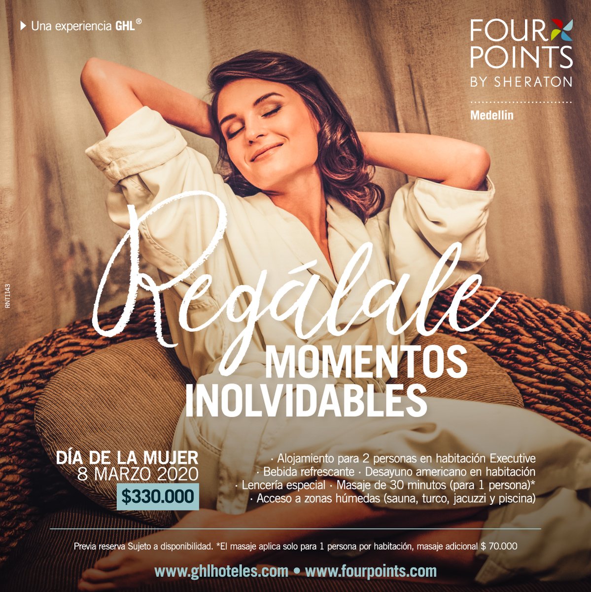 REGÁLALE MOMENTOS INOLVIDABLES
Siempre tenemos motivos para celebrar.

Celebra todo el mes de Marzo, el DÍA DE LA MUJER
Alojamiento para 2 personas en habitación Executive
VALOR: $ 330.000

RESERVA: (4) 319 7400
reservas@fourpointsmedellin.com