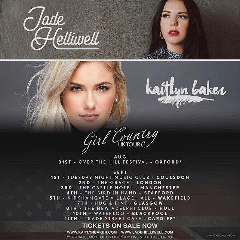 kaitlynabaker's tweet photo. 🇬🇧TOUR ANNOUNCEMENT! 🇺🇸 I will be going out on my very first UK tour co-headlining with  @jadehelliwell2! TICKETS ARE NOW ON SALE! #GirlCountryUKTour #Tour #CountryMusic #KaitlynBaker #JadeHelliwell #UK https://t.co/6EAiWLJi8f