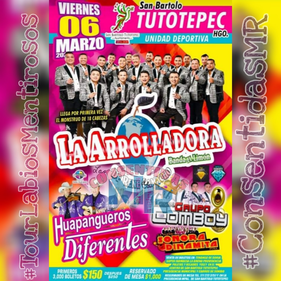 LasConsenMR's tweet photo. Hoy la @Arrolladora Banda el Limón llegá a San Bartolo Tutotepec, Hidalgo.
¡Ven y Vive la Experiencia!
#TourLabi💋sMentirosos.
@LasConsenMR @marcos_abl ❣️🍋🎶
Ya pueden disfrutar de su más reciente video "Ahora que me acuerdo " 👇🏻👇🏻
https://t.co/UMm1msKwYZ https://t.co/nPMj0PjtsR