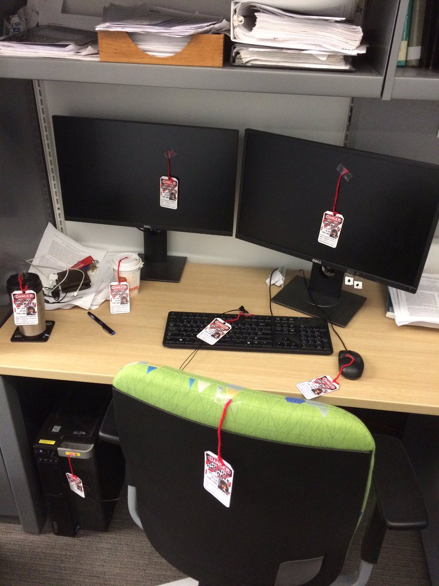 AFlyingGeoffrey's tweet photo. Amusingly, our purely computational research group (who sits tamely in the office all day) has to do lab safety training designated for the whole building. So I made up some lockout tags last night and played a joke on Akshay, our unofficial safety czar. #labtweets https://t.co/TTIltWRJuO