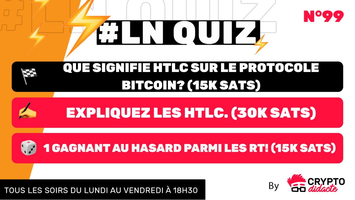 TheAltcoinsShow's tweet photo. ⚡ Question #LNQuiz numéro 99 ⚡

💡 Thème du jour : "HTLC"

🙏 Sponsorisé par : @cryptopolitain &amp; @21bitcoins

#Bitcoin $BTC $Crypto https://t.co/Hdimv98pB6
