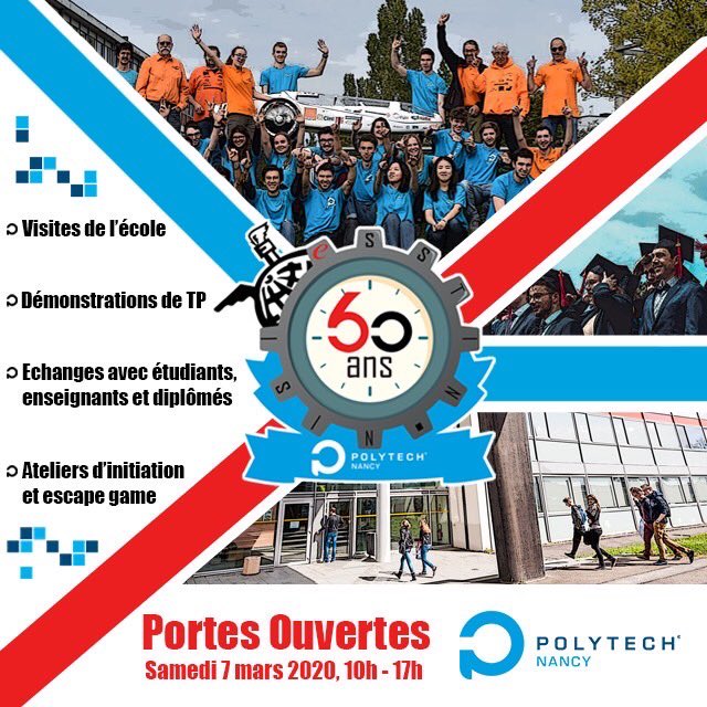 60PolytechNancy's tweet photo. Demain samedi 7 mars de 10h à 17h, c'est la JPO de Polytech Nancy : venez nombreux découvrir notre Ecole publique d'ingénieurs et avoir les infos sur admissions, nos Spécialités, la vie étudiante...
#JPO #60ansPolytechNancy https://t.co/ei3CGSkQb9