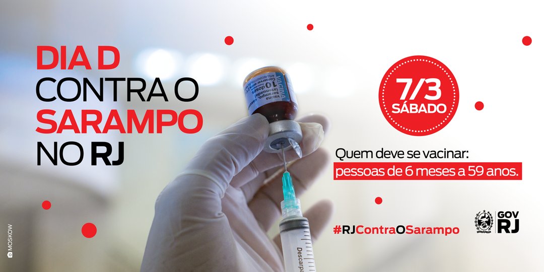 Neste sábado, o #RJ estará mobilizado para reforçar a vacinação. 

O Dia D acontece em postos dos 92 municípios. A <a href="/SaudeGovRJ/">Secretaria de Estado de Saúde do Rio de Janeiro</a> terá caminhões em 4 cidades: Rio, São Gonçalo, Japeri e Arraial do Cabo, das 8h às 14h. 

Confira os locais: bit.ly/DiaDSarampoRJ.

#RJContraOSarampo