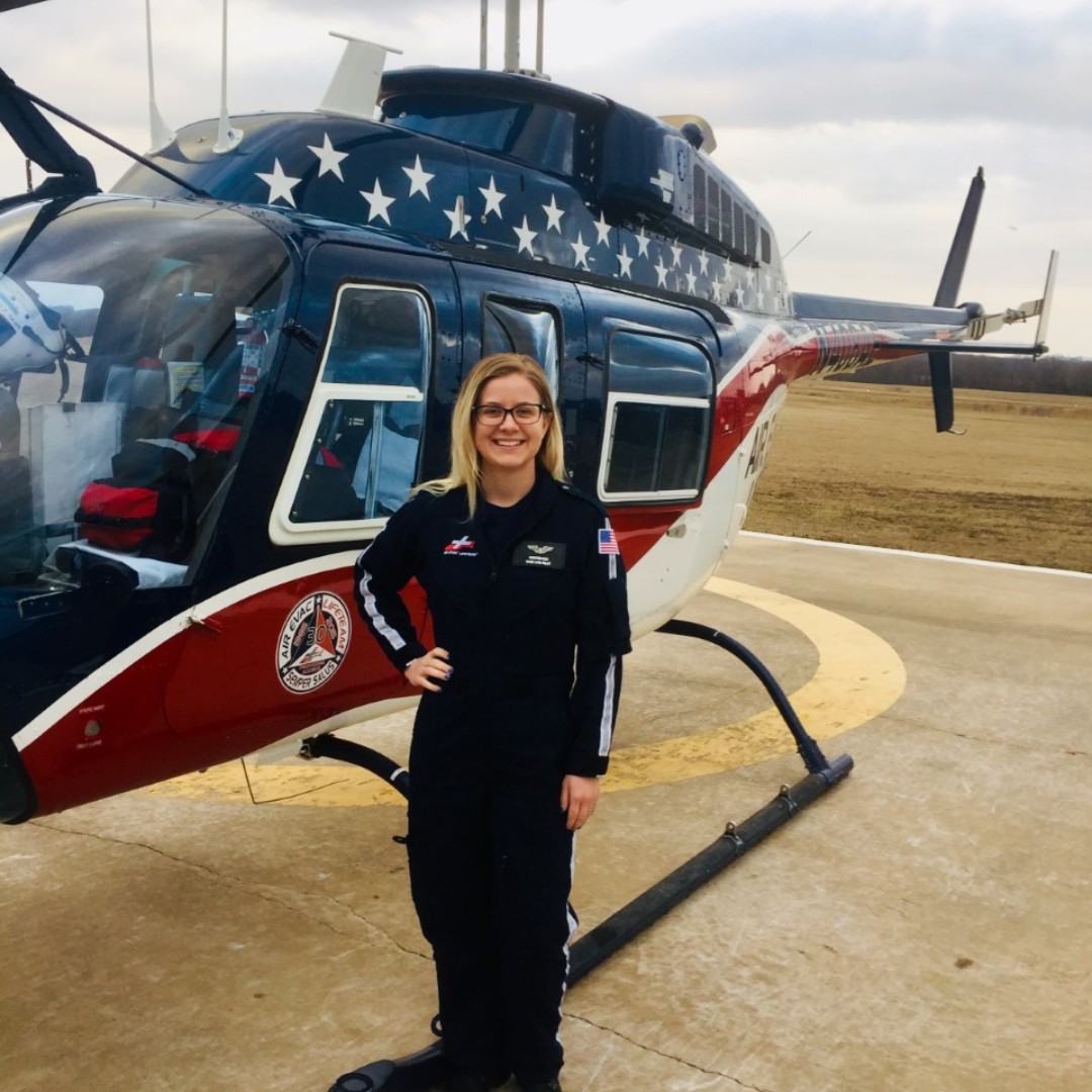 Our first WOAW highlight for today is pilot Kristen Cox. Kristen's journey in aviation started in high school when she went up for an introductory flight, and fell in love with flying. "I got into flying to be able to fly for a purpose and air medical allows me to do that."
