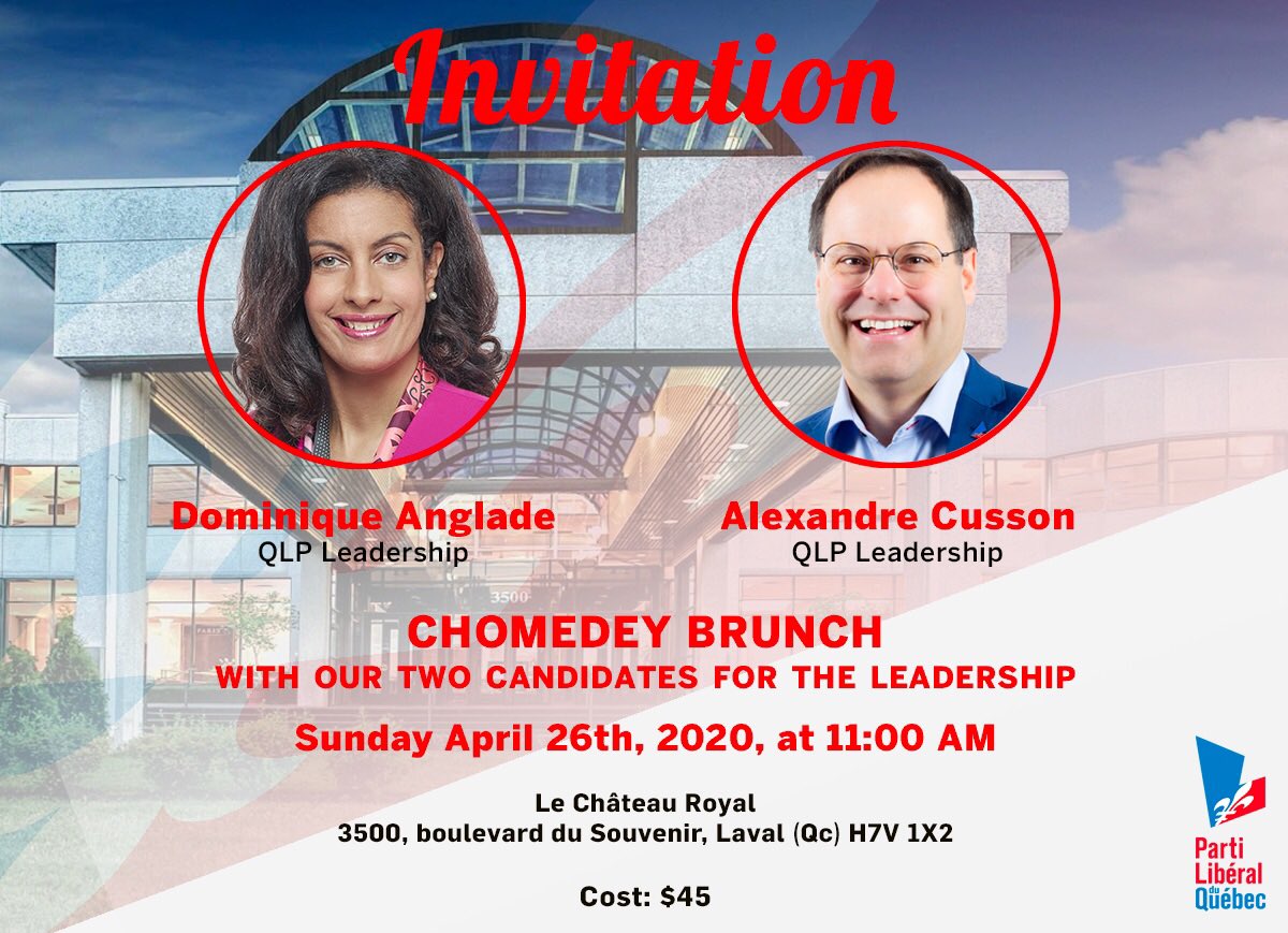 de_plq's tweet photo. The association invites you to brunch and meet candidates Dominique Anglade &amp; Alexandre Cusson. 04-26-20 at 11 am at Château Royal: 3500 boul. du Souvenir, Laval. Cost is $45. Please reserve your seat before 04-24-20 by contacting peterpapadakis@outlook.com. #plq #RDVLibéral https://t.co/b6IPbr9jM6