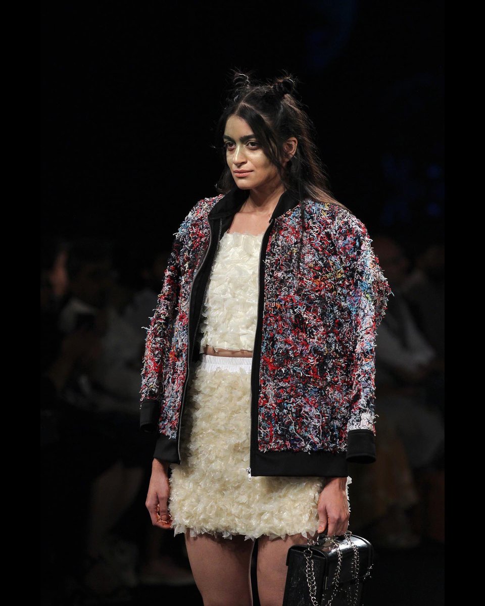 CancelledPlans_'s tweet photo. The second look from our show at @lakmefashionwk 

- Sock String Jacket (sock waste) 
- Latex Crop Top and Skirt (defected condoms) 
- Alu Hardcase Sling (pharma packaging waste) 

#sustainablefashion #streetwear #madefromwaste #lakmefashionweek #slowfashion #fashionweek #CDC https://t.co/HJMxfIfDkE