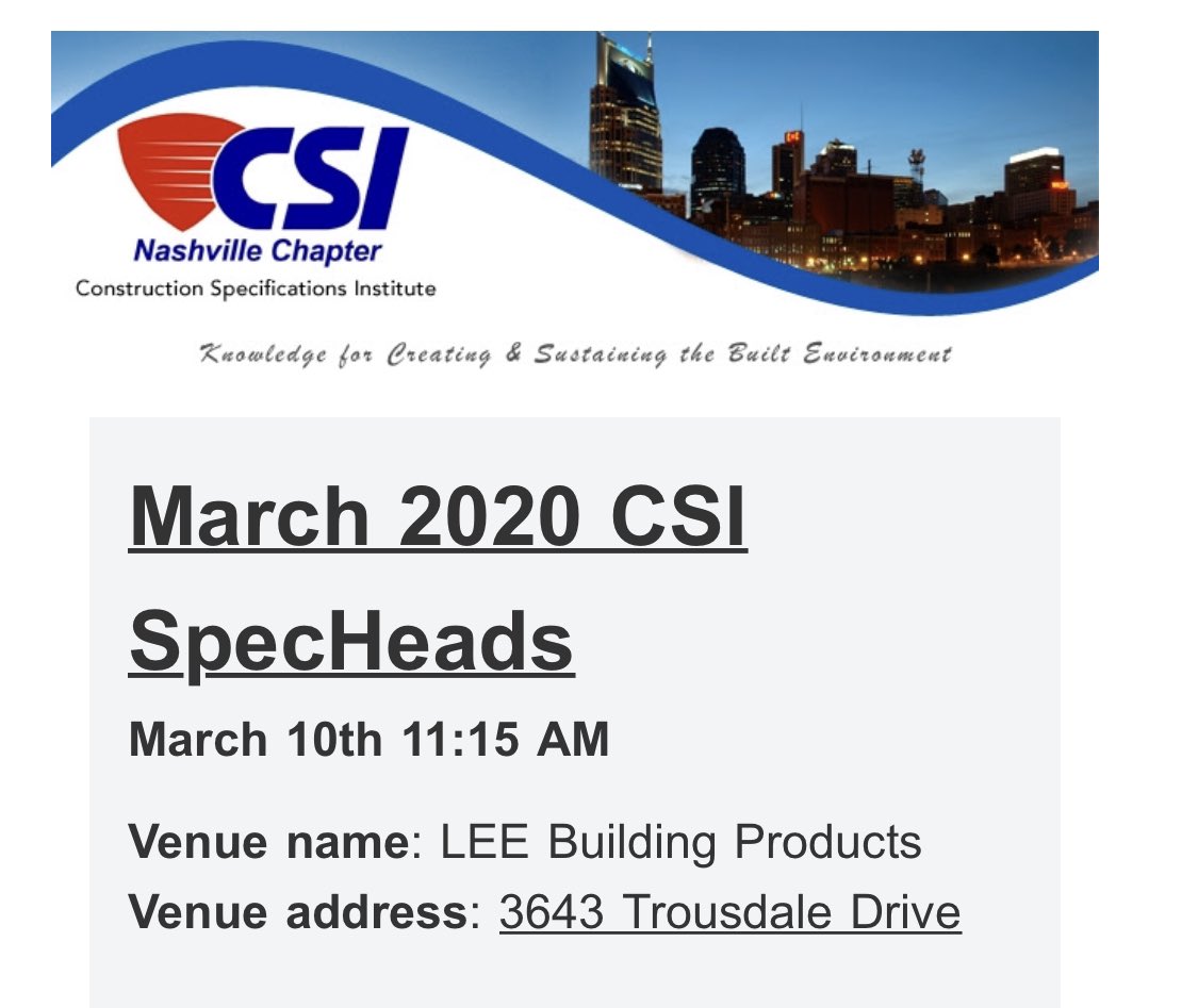 Don’t miss out on this Tuesday’s SpecHeads. Thad Goodman from National Gypsum will be speaking on Acoustically Enhanced Gypsum Board Designed for
High STC Wall Assemblies,
Register below:
eventbrite.com/e/march-2020-c…