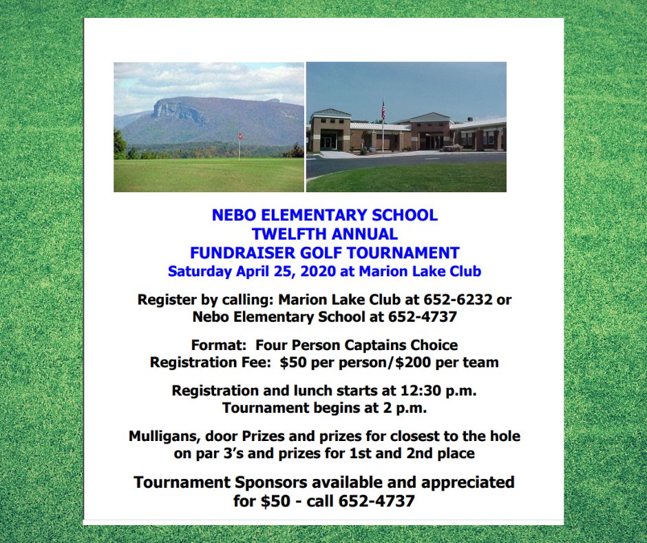 12th Annual Nebo Elementary Fundraiser Golf Tournament coming soon!  Great opportunity to support our school and have fun at the same time! <a href="/nebo_bear_den/">Nebo Elem. School</a> <a href="/McDowell590/">McDowell Co Schools</a>