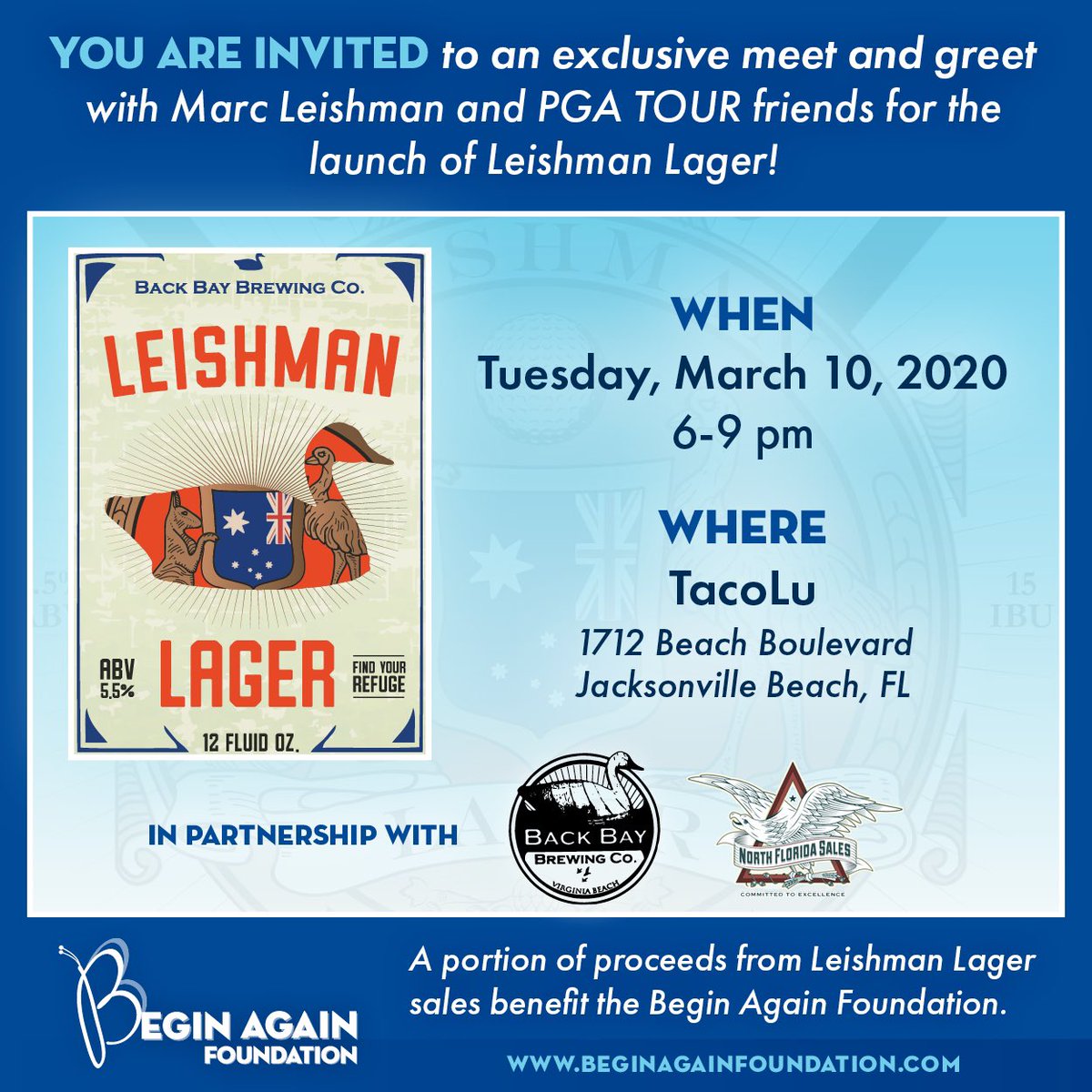 PTI_SportsMktg's tweet photo. SAVE THE DATE!
.
.
.
Leishman Lager will be debuting at @tacolujaxbeach March 10 from 6-9pm! Come help us welcome @marcleish and his beer to Jacksonville!
.
.
.
Portion of proceeds to benefit @beginagainfoundation #ptisportsmarketing #beginagainfoundation https://t.co/wtPFYnaWzt