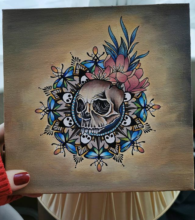 vikyfoxtattoo's tweet photo. My first attempt with oils and acrylic colours on canvas. I had idea in my head about transforming my custom made tattoo designs on canvas. Started with small one, next one is in progress on 4 times bigger canvas. Of course, more time I will spend on it,… https://t.co/StiUxZDyEb https://t.co/HFMGPNBxBj