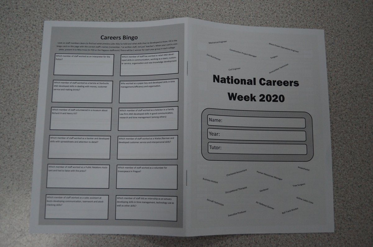 MissKnox15's tweet photo. In National Careers Week, students @RiddlesdownC have been playing a game of Careers Bingo. Staff across the school from teachers to LSA's, Administrators and even our Principal have displayed what their career path looks like generating a real buzz #ncw2020 https://t.co/mVCx6GY6Pl