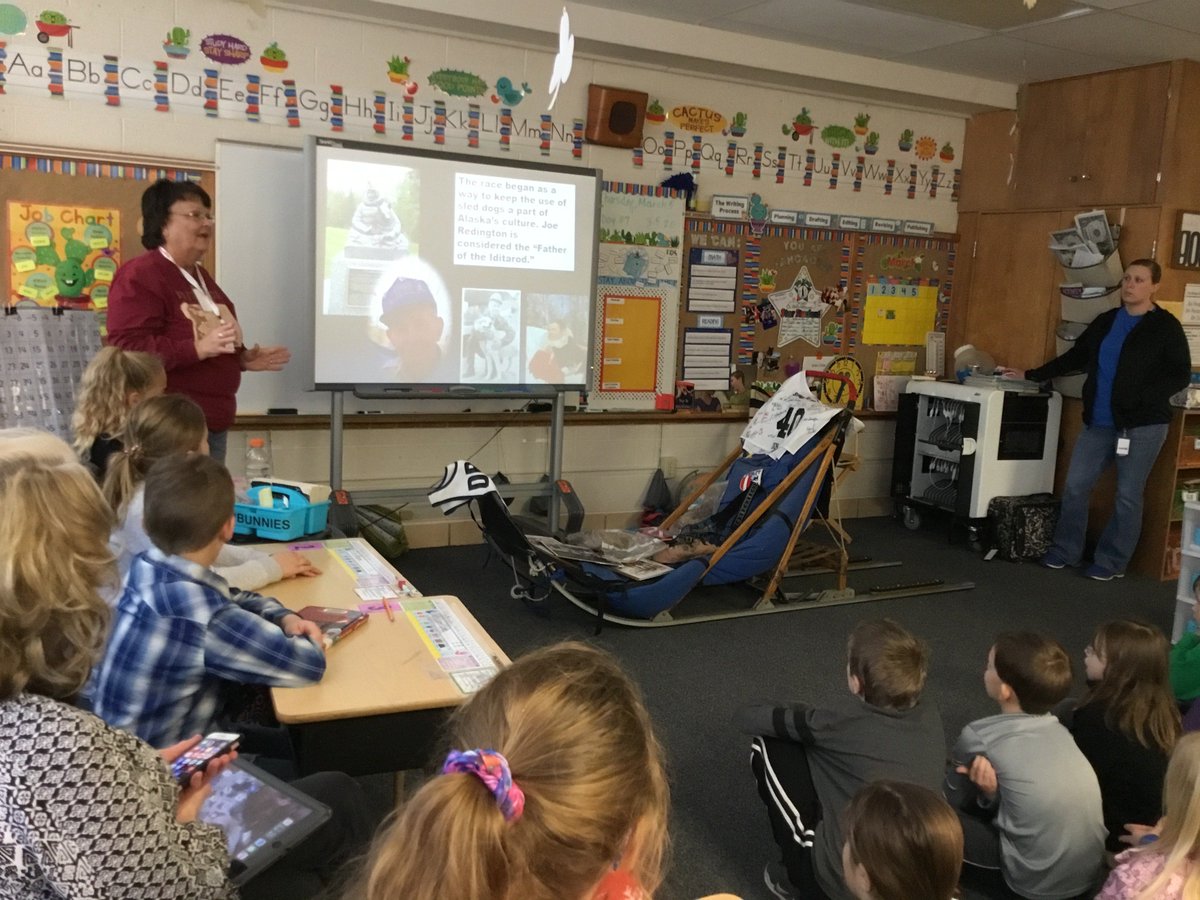 SabethaElem's tweet photo. Mrs. Beth Jensen and Mrs, Jessica Rebant from Everest Middle School came to speak to the 2nd  graders yesterday as an extension to our Iditarod unit. Beth shared a wealth of first hand knowledge on the subject and even brought an authentic dogsled! https://t.co/jrJVnxOydA