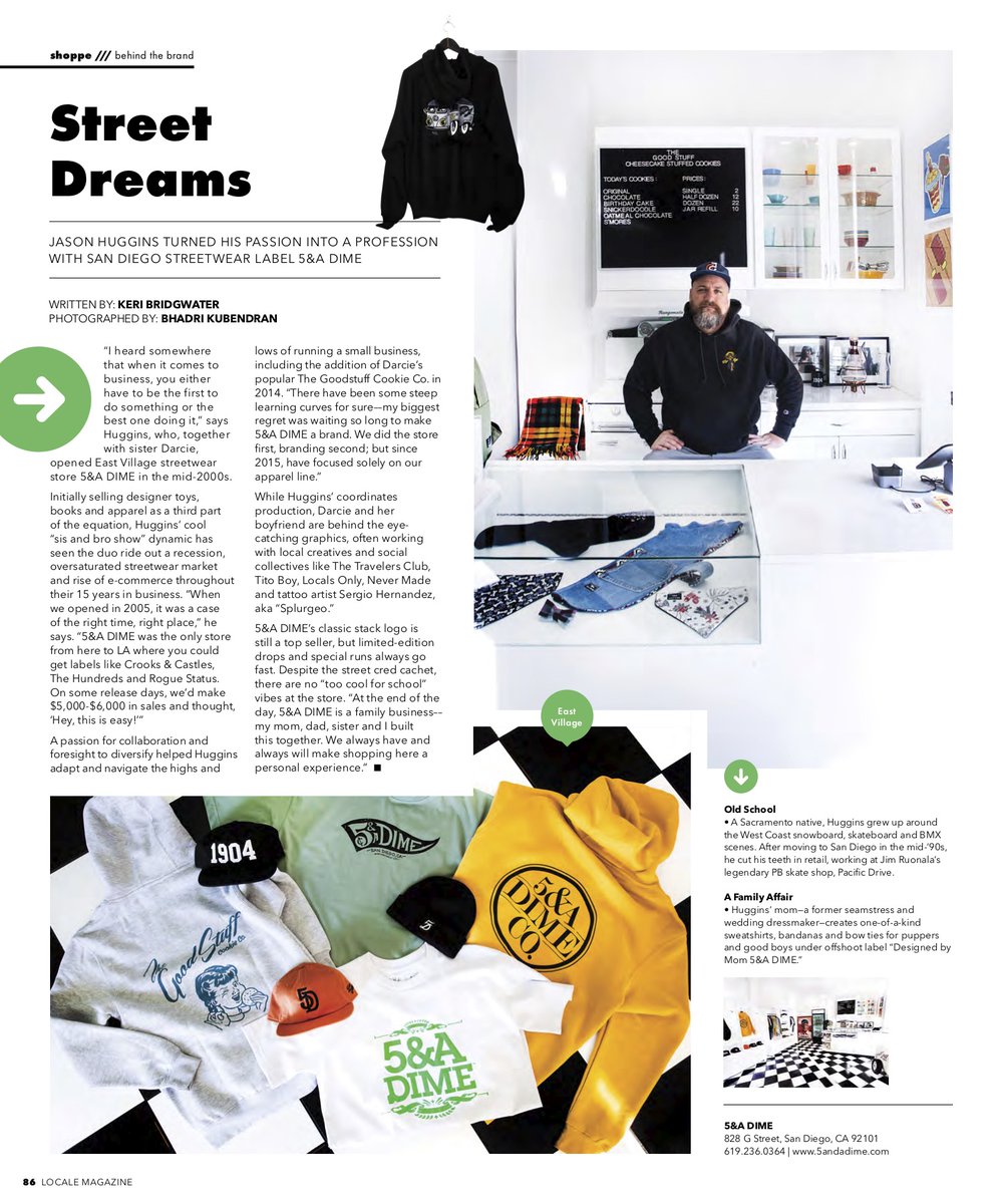 KeriBridgwater's tweet photo. Take a peek Behind the Brand with Jason Huggins of San Diego streetwear label @5andADIME (and sister Darcie of @TheGoodStuffcc) for the @localemagazine March issue https://t.co/I5n1K0wuoO